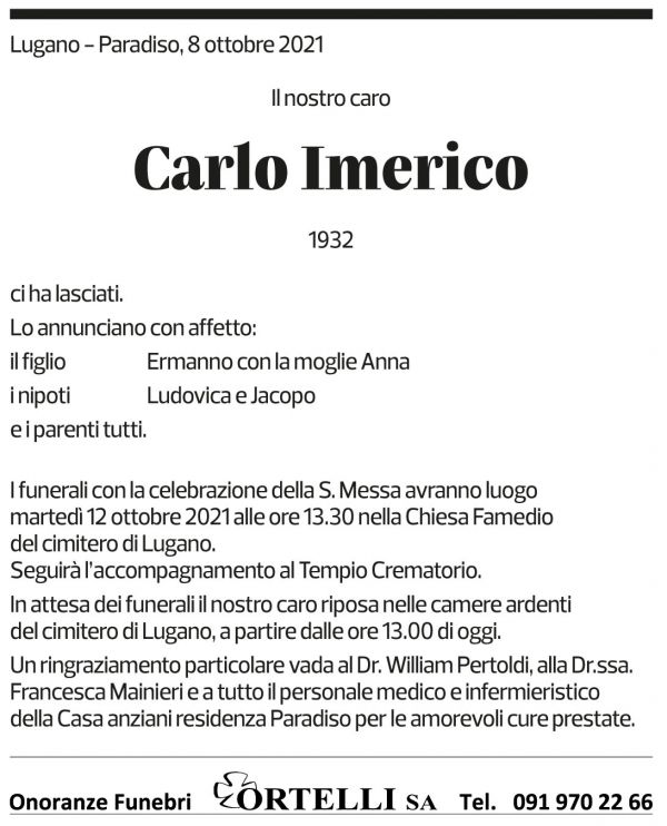 Annuncio funebre Carlo Imerico