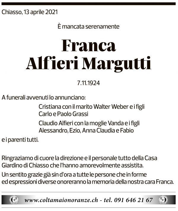 Annuncio funebre Franca Alfieri Margutti