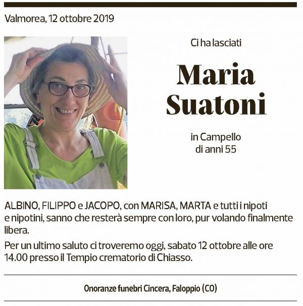 Annuncio funebre Maria Suatoni