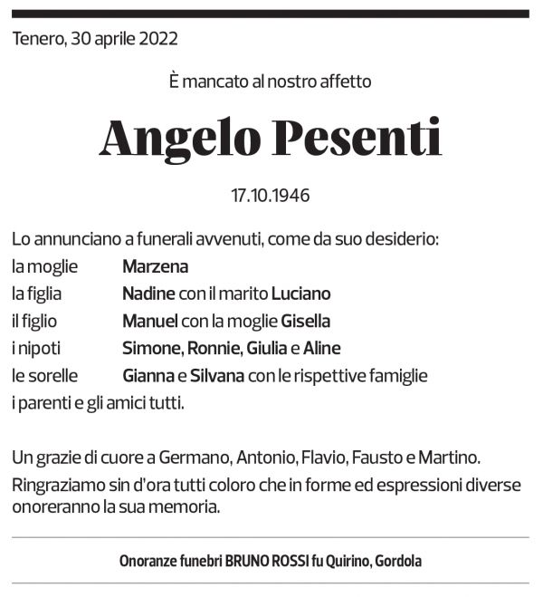 Annuncio funebre Angelo Pesenti