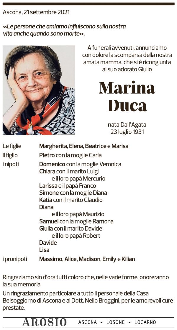 Annuncio funebre Marina Duca