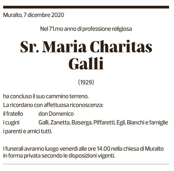 Annuncio funebre Suor Maria Charitas Galli