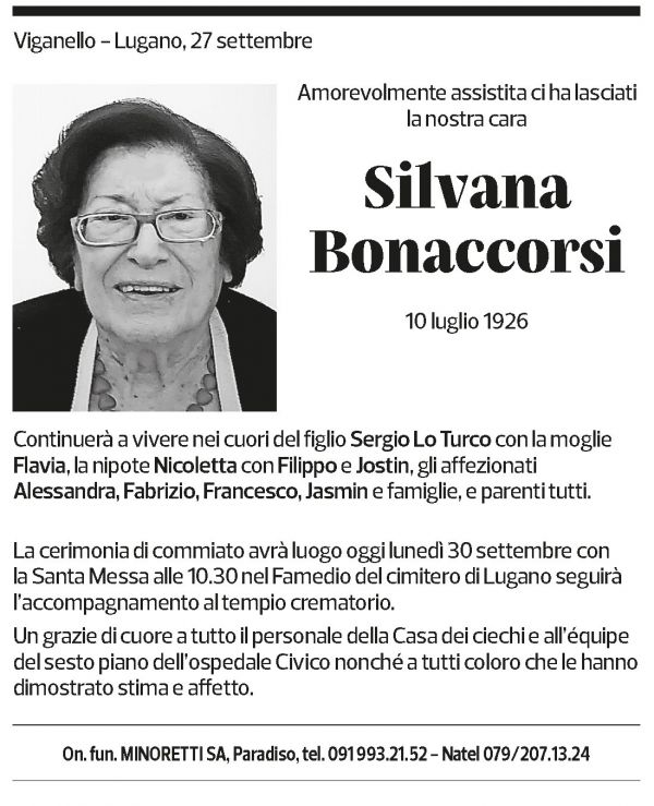 Annuncio funebre Silvana Bonaccorsi
