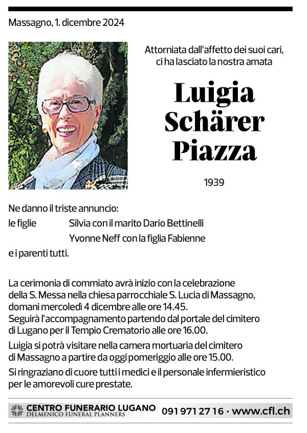 Annuncio funebre Luigia Schärer Piazza