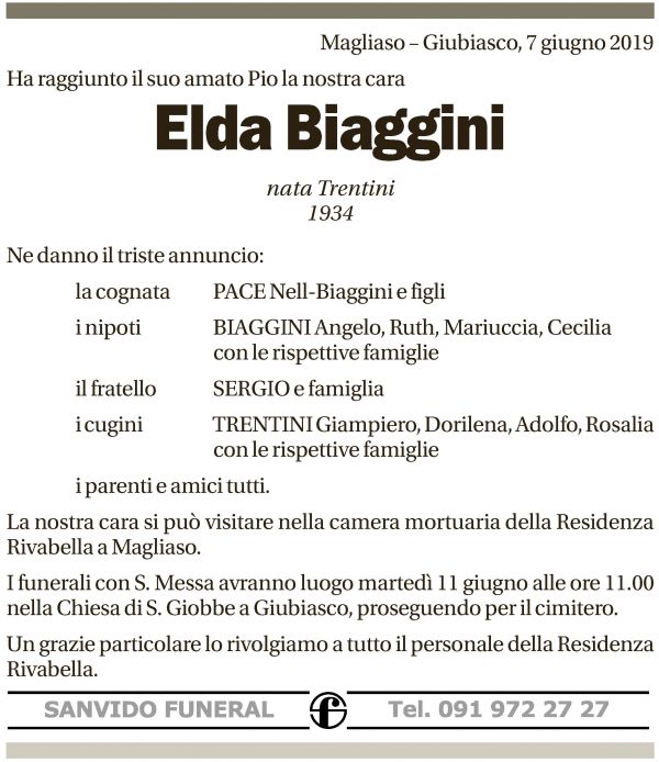 Annuncio funebre Elda Biaggini