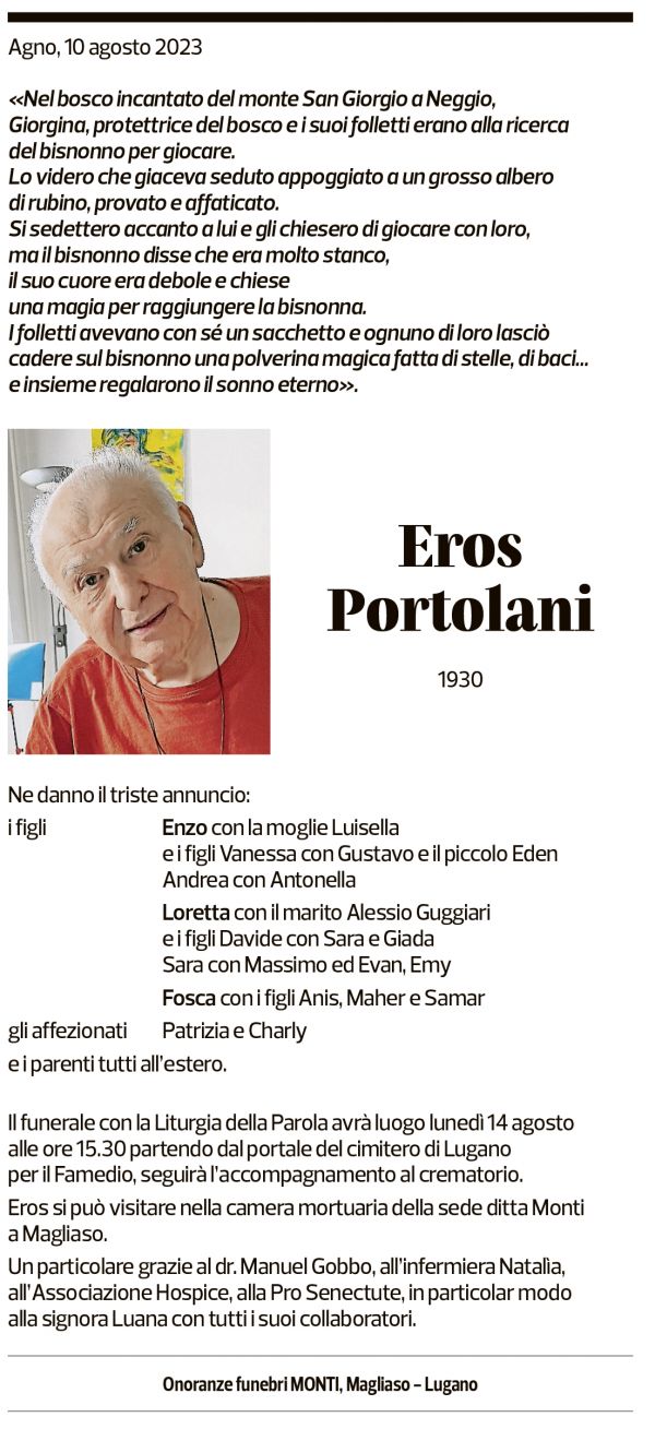 Annuncio funebre Eros Portolani