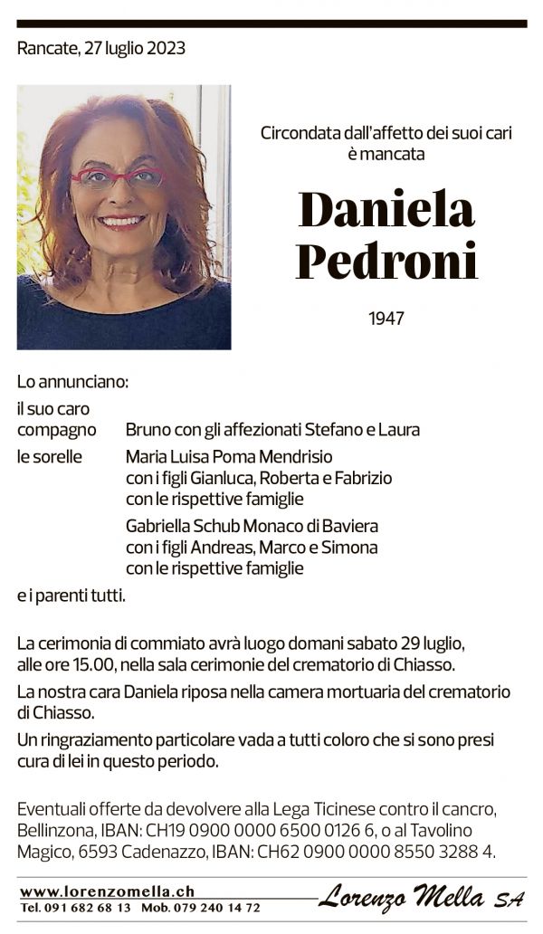 Annuncio funebre Daniela Pedroni