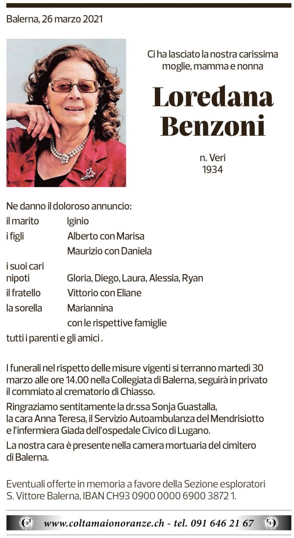 Annuncio funebre Loredana Benzoni