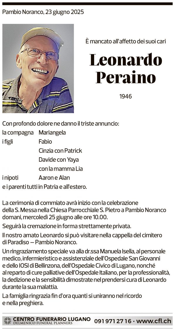 Annuncio funebre Leonardo Peraino