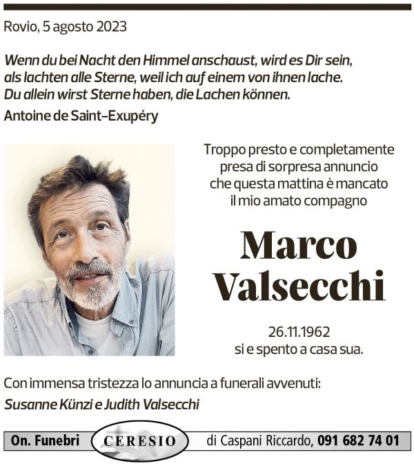 Annuncio funebre Marco Valsecchi