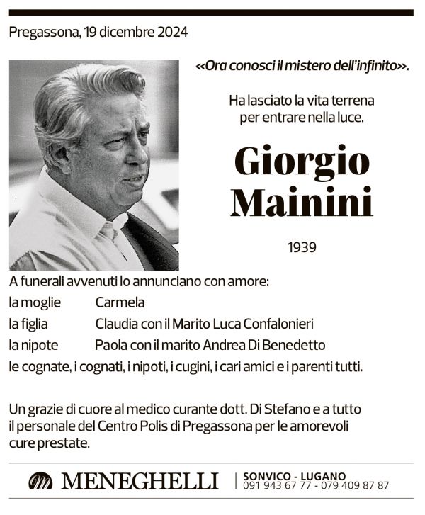 Annuncio funebre Giorgio Mainini