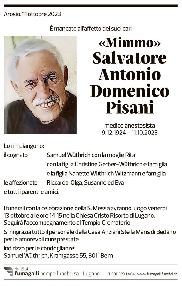 Annuncio funebre Salvatore Antonio Domenico Pisani