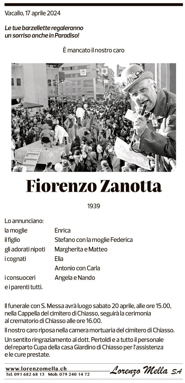 Annuncio funebre Fiorenzo Zanotta