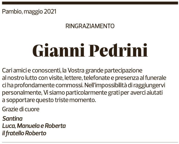 Annuncio funebre Gianni Pedrini