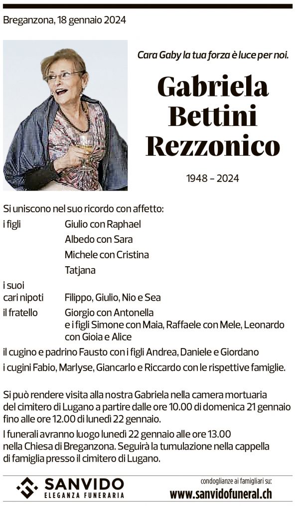 Annuncio funebre Gabriela Bettini Rezzonico