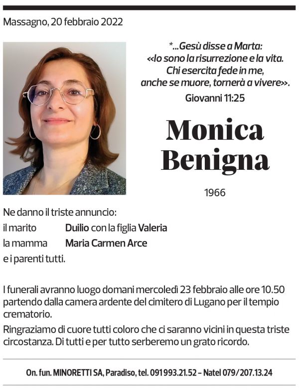 Annuncio funebre Monica Benigna