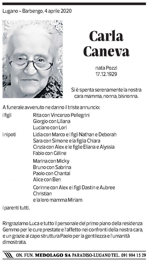 Annuncio funebre Carla Caneva