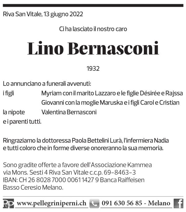 Annuncio funebre Lino Bernasconi