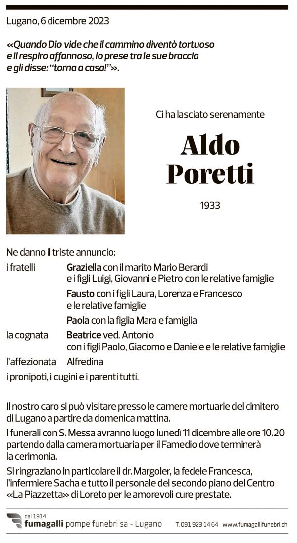 Annuncio funebre Aldo Poretti