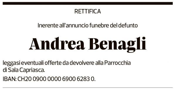 Annuncio funebre Andrea Benagli