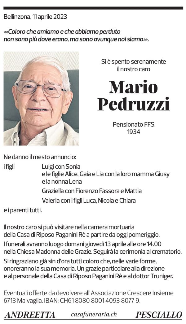 Annuncio funebre Mario Pedruzzi