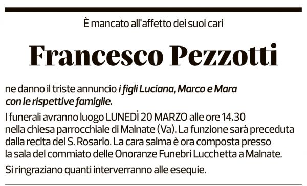 Annuncio funebre Francesco Pezzotti