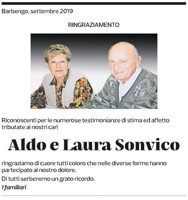 Annuncio funebre Aldo Sonvico Laura Sonvico