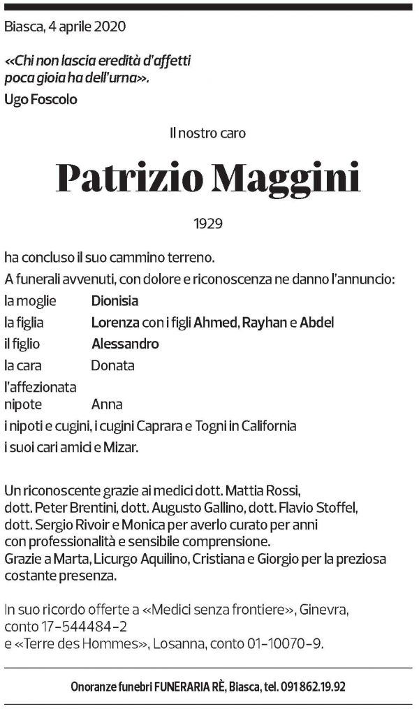 Annuncio funebre Patrizio Maggini