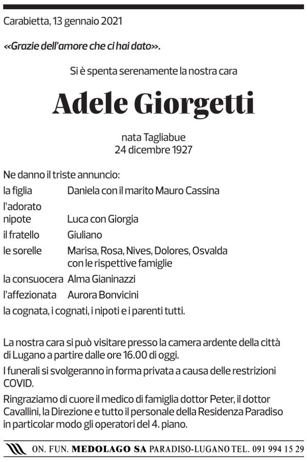 Annuncio funebre Adele Giorgetti