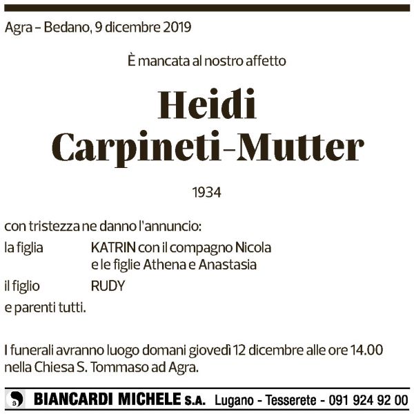 Annuncio funebre Heidi Carpineti-mutter