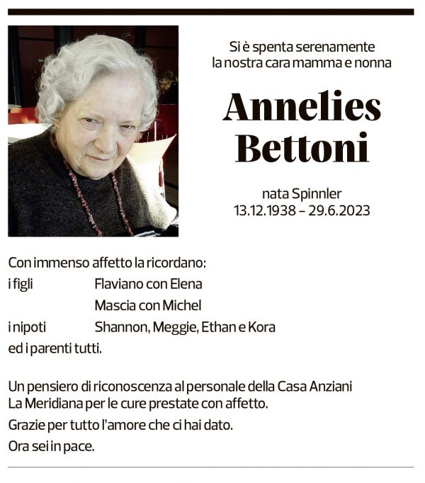 Annuncio funebre Annelies Bettoni