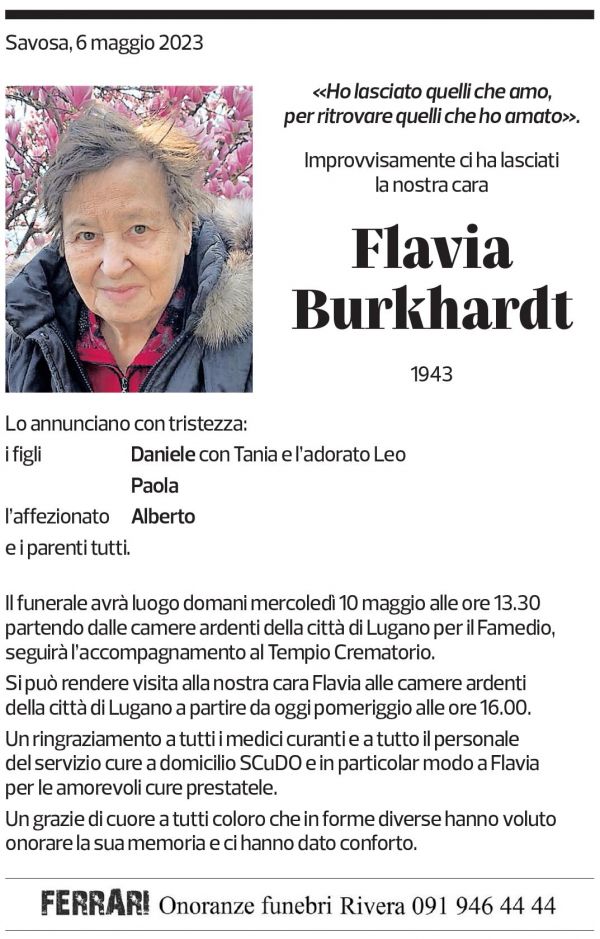 Annuncio funebre Flavia Burkhard