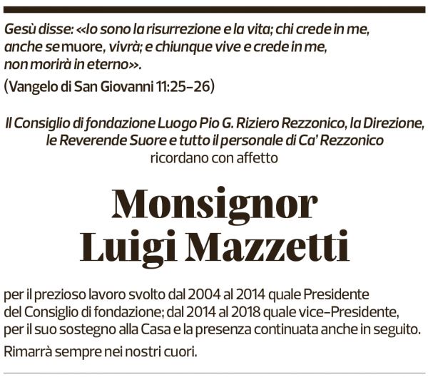 Annuncio funebre Luigi Mazzetti