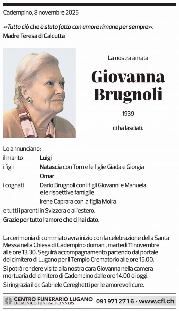 Annuncio funebre Giovanna Brugnoli
