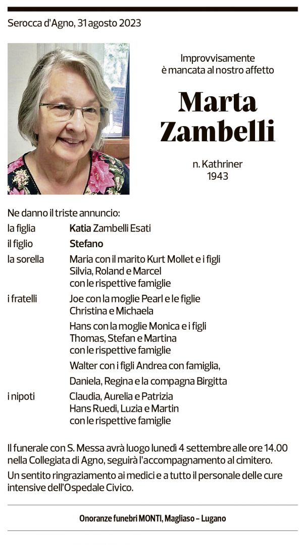 Annuncio funebre Marta Zambelli