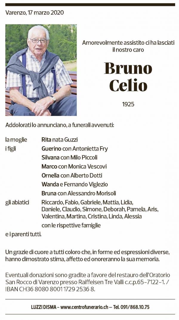 Annuncio funebre Bruno Celio