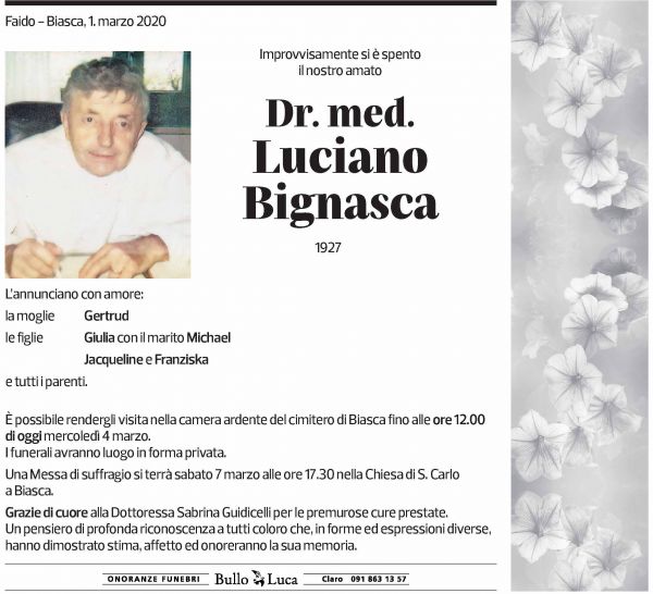 Annuncio funebre Luciano Bignasca