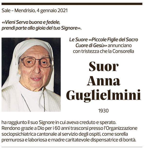 Annuncio funebre Suor Anna Guglielmini