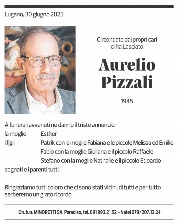 Annuncio funebre Aurelio Pizzali