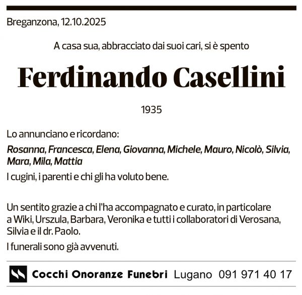 Annuncio funebre Ferdinando Casellini
