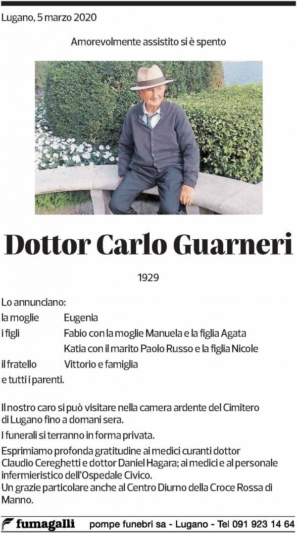 Annuncio funebre Dottor Carlo Guarnieri