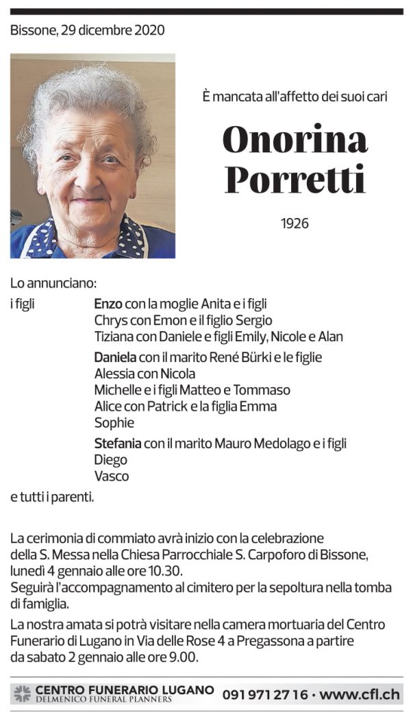 Annuncio funebre Onorina Poretti