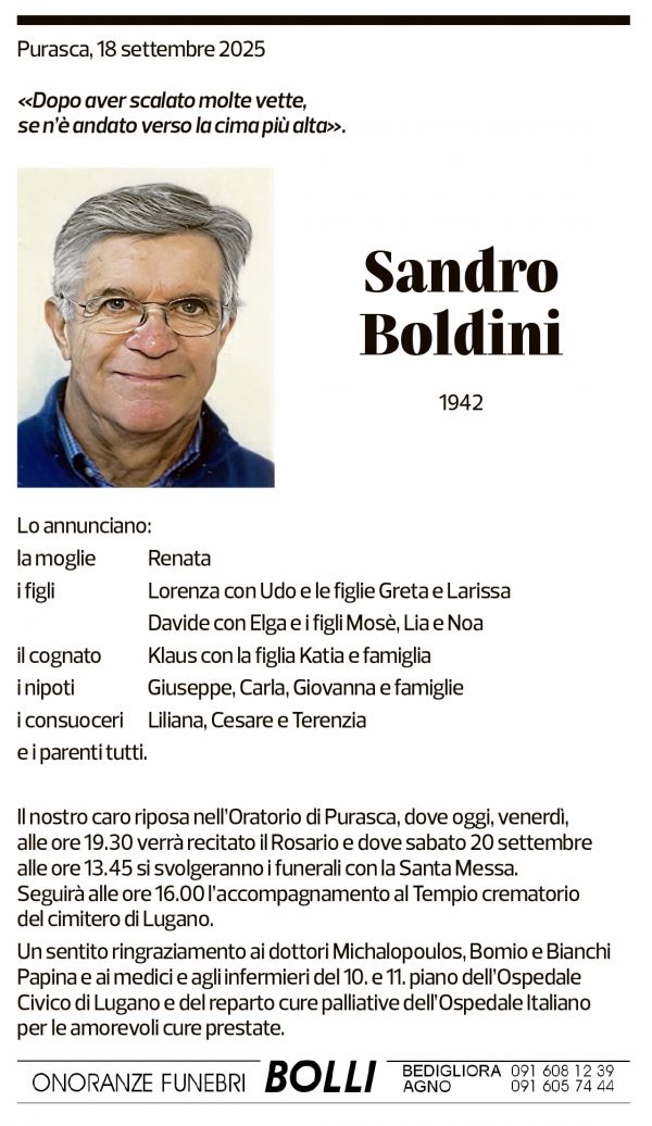 Annuncio funebre Sandro Boldini