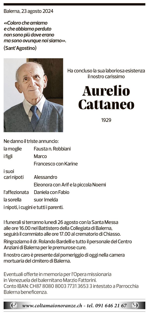 Annuncio funebre Aurelio Cattaneo