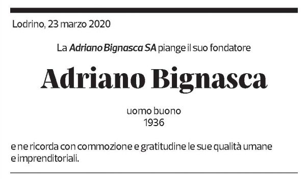 Annuncio funebre Adriano Bignasca