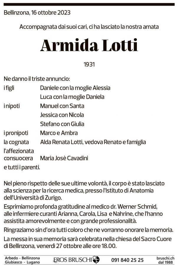 Annuncio funebre Armida Lotti