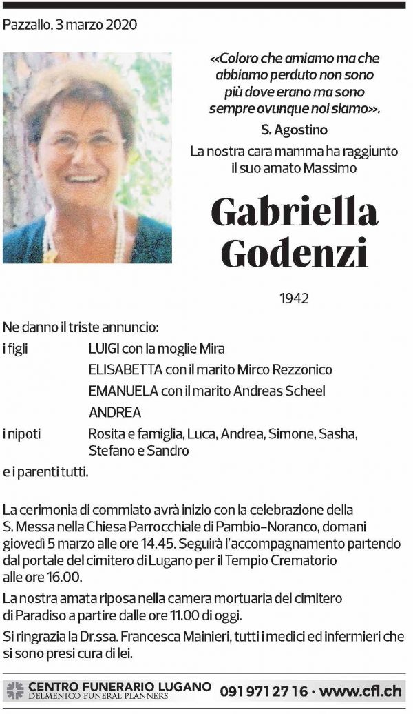 Annuncio funebre Gabriella Godenzi