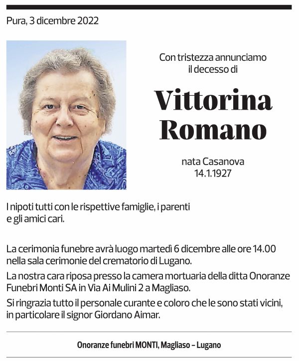 Annuncio funebre Vittorina Romano