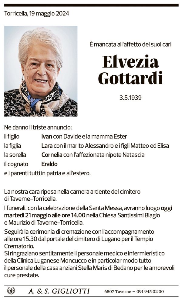 Annuncio funebre Elvezia Gottardi