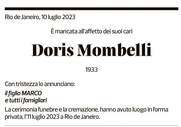 Annuncio funebre Doris Mombelli